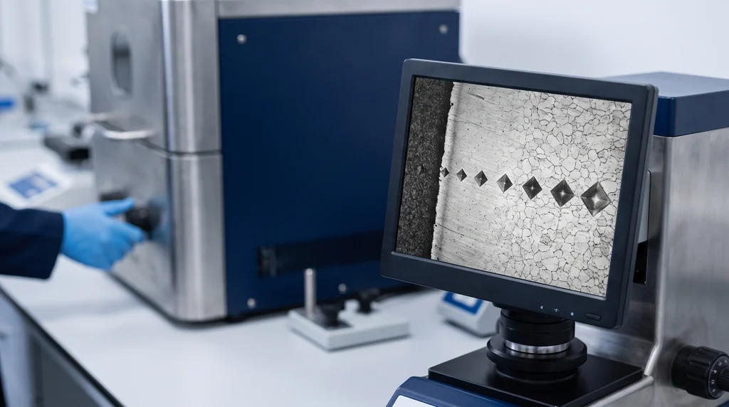 Microhardness tester monitor showing the micrograph of a steel section with a row of diamond-shaped Vickers indentations, smaller near the hardened edge and larger in the core