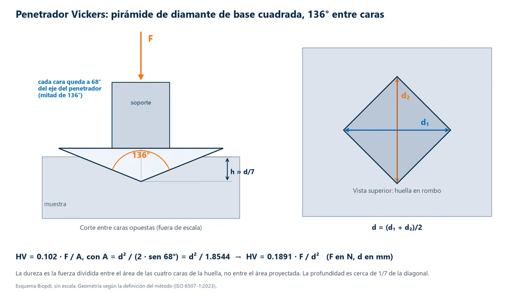 Ensayo de dureza Vickers: esquema del indentador Vickers: corte de la pirámide de diamante con 136° entre caras opuestas penetrando la muestra hasta la profundidad h, cerca de un séptimo de la diagonal, y vista superior de la huella en rombo con las diagonales d1 y d2, con la fórmula HV = 0.1891 F/d²