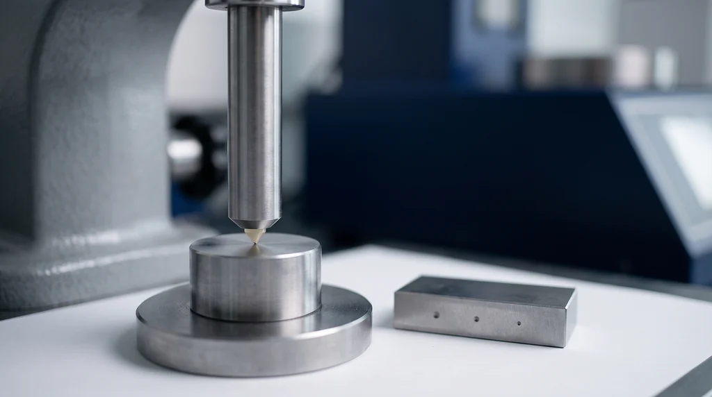 Conical diamond indenter of a Rockwell hardness tester resting on a cylindrical steel part, with a reference block beside it