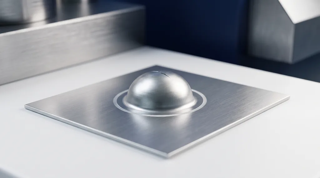 Thin steel sheet after the Erichsen cupping test, with a spherical dome formed in the center and a short crack at the top of the dome