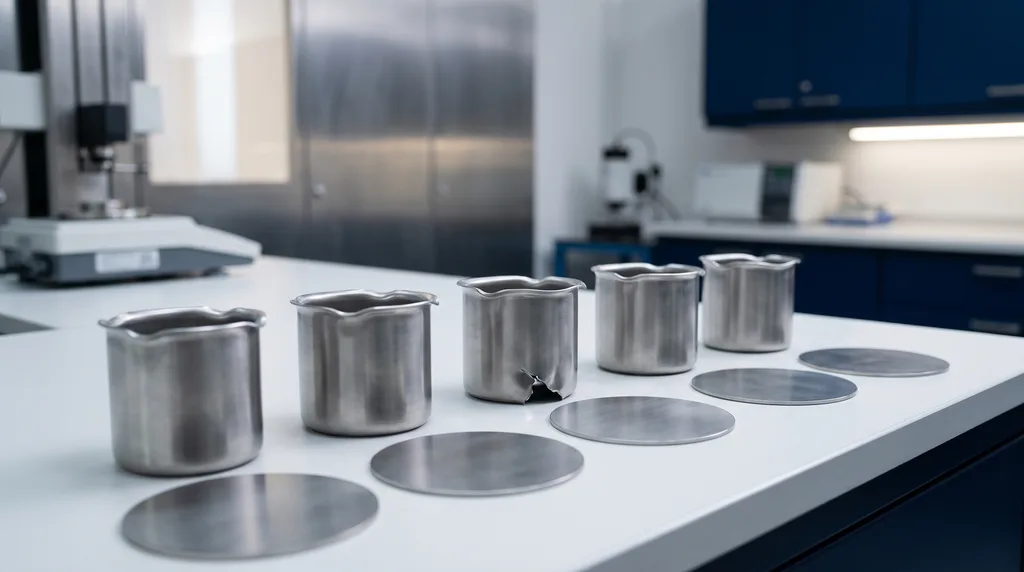 Cylindrical steel cups drawn in a deep drawing test, side by side, with rims made wavy by earing