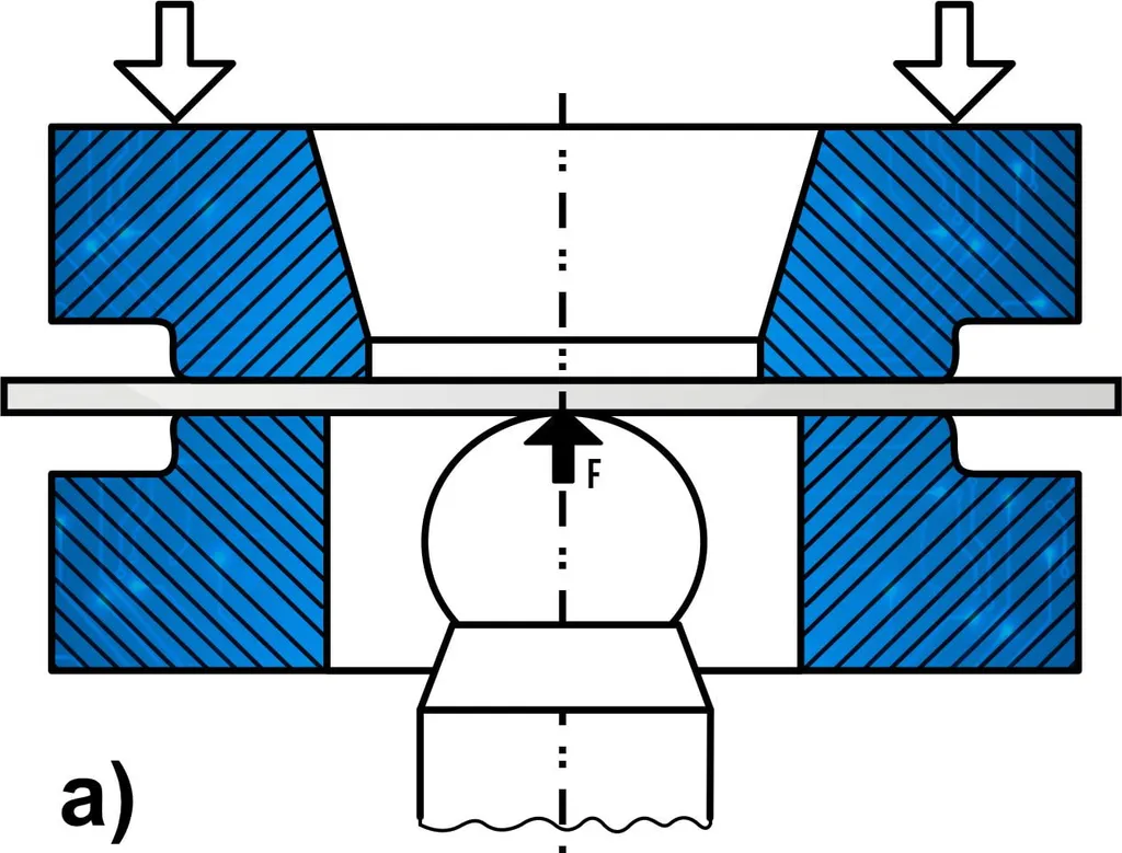 Diagram of the Erichsen test with the sheet clamped between the die and the blank holder and the spherical punch pushing the center of the sheet