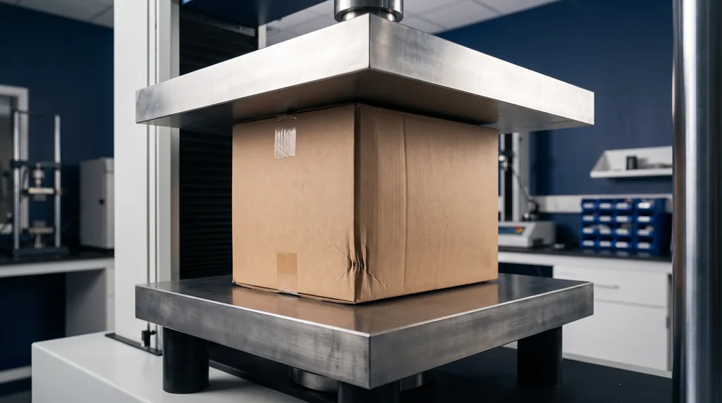 Caja de cartón corrugado cerrada comprimida entre dos placas de acero de una máquina de ensayo, con la pared lateral abombada y un pliegue de pandeo cerca de la esquina