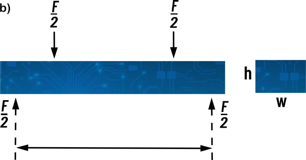 Esquema del ensayo de flexión en 4 puntos: dos cargas F/2 y reacciones F/2 en los apoyos, con la sección h × w