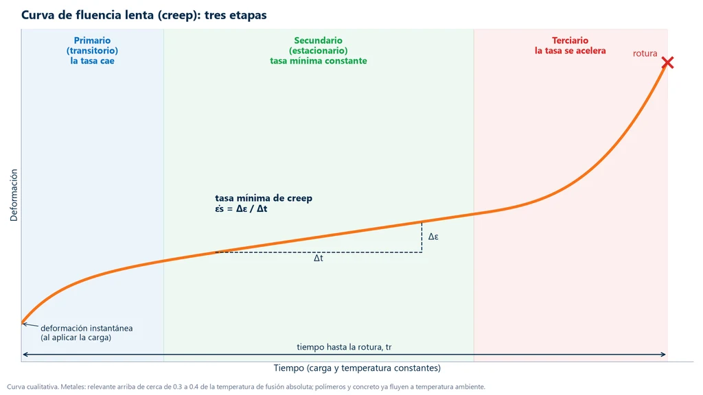 Fluencia lenta de los materiales (creep): curva de creep de la deformación en función del tiempo con la deformación instantánea y las etapas primaria, secundaria con velocidad mínima constante y terciaria hasta la ruptura