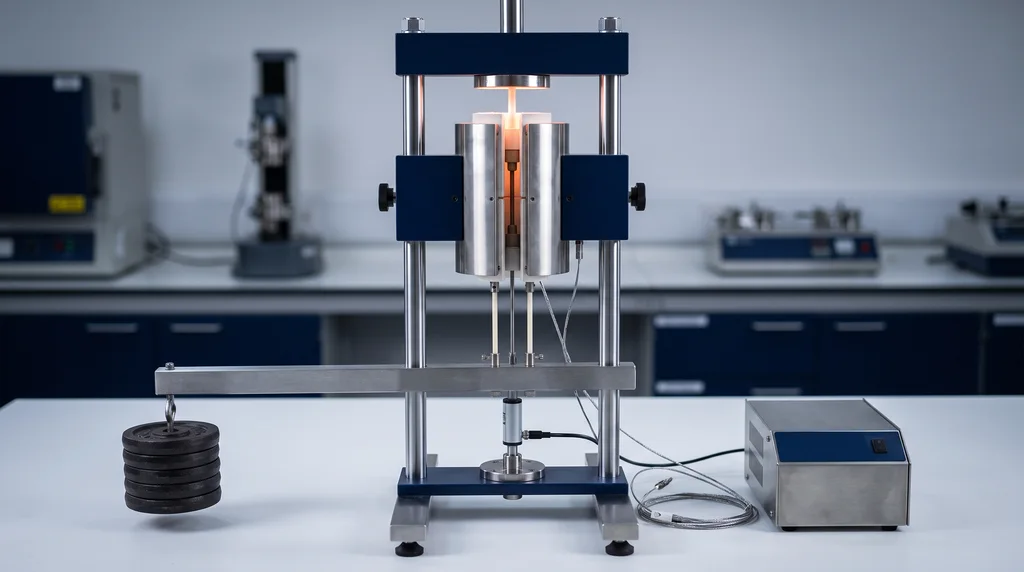 Dead-weight creep testing machine with an open tube furnace around the test specimen, extensometer rods and a lever arm with weights