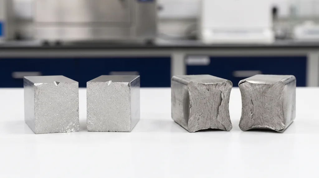 Two broken steel Charpy specimens: on the left, a flat, shiny brittle fracture with the V-notch visible; on the right, a fibrous, dull ductile fracture with deformed edges