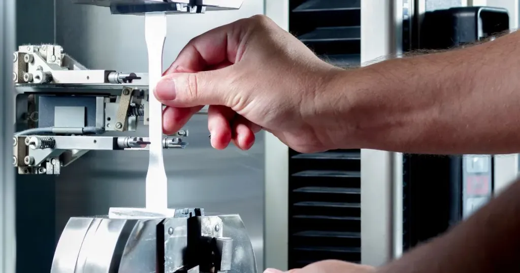 Hand positioning a tensile test specimen in the grips of a universal testing machine, with an extensometer attached to the specimen