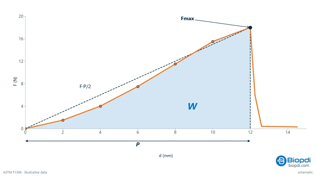 Force-displacement graph of a film puncture test: the force rises from 0 to 18 N over 12 mm, drops sharply at puncture, the area under the curve is shaded as energy W and a dashed triangle shows the F·P/2 approximation