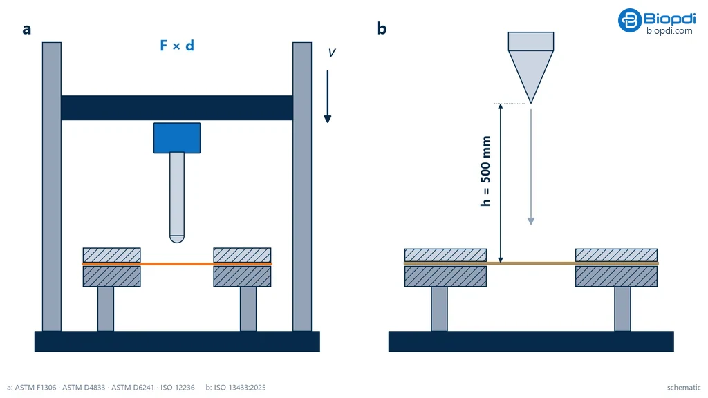 Diagram comparing static puncture, with the probe attached to the load cell on the crosshead of a universal testing machine moving down at constant speed onto the test specimen clamped in the ring, and dynamic puncture, with a steel cone released from 500 mm onto a geosynthetic clamped in the ring