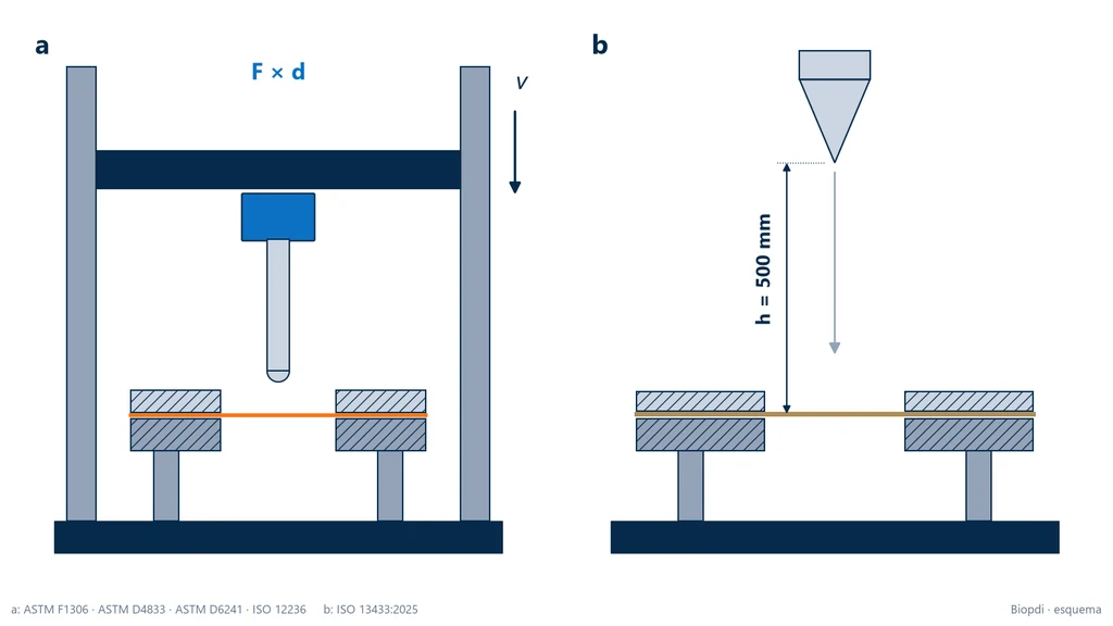 Esquema que compara la perforación estática, con la sonda fijada a la celda de carga en el travesaño de una máquina universal que baja a velocidad constante sobre la probeta sujeta en el anillo, y la perforación dinámica, con un cono de acero soltado desde 500 mm de altura sobre un geosintético sujeto en el anillo