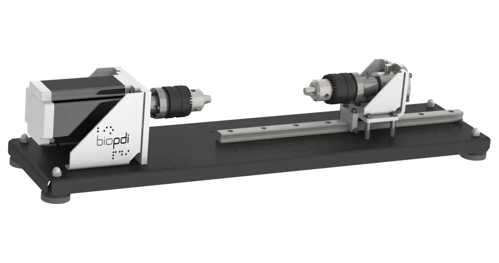 Biopdi torsion testing machine, Basic version, with motor, two chucks and rail on a black base