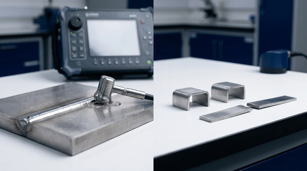 On the left, an ultrasonic probe on the weld bead of a steel plate with couplant gel; on the right, test specimens taken from a welded plate, two bent into a U shape and one fractured strip