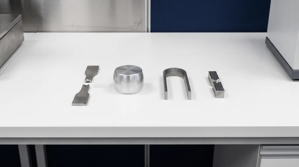 Metal test specimens on a workbench after mechanical tests: a tensile specimen broken in two, a cylinder barreled by compression, a bar bent into a U and a notched bar fractured in an impact test