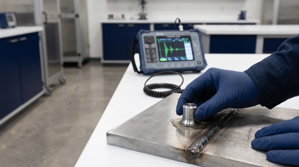 Gloved technician placing an ultrasonic probe with couplant gel on a steel plate next to the weld bead, with the ultrasonic flaw detector in the background showing the echoes