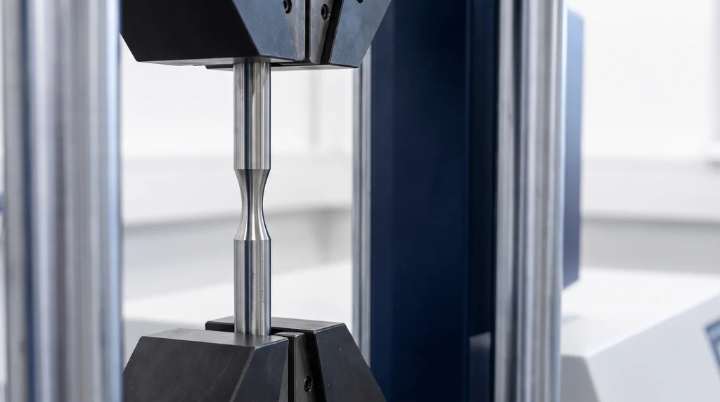 Round steel test specimen held in wedge grips, with a neck formed in the middle of the parallel length