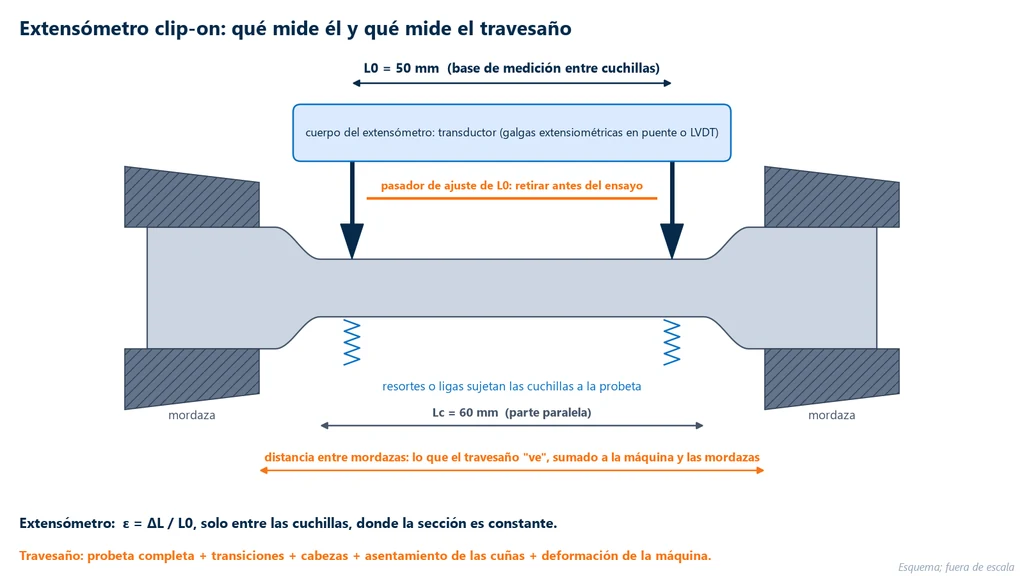 Esquema de un extensómetro clip-on en una probeta redonda: dos cuchillas apoyadas en la parte paralela de 60 mm, separadas por la longitud de medición de 50 mm, sujetas con resortes, con el cuerpo del extensómetro y el perno de ajuste de la longitud de medición; las cabezas están en las mordazas, y la distancia entre mordazas es el tramo que mide el travesaño