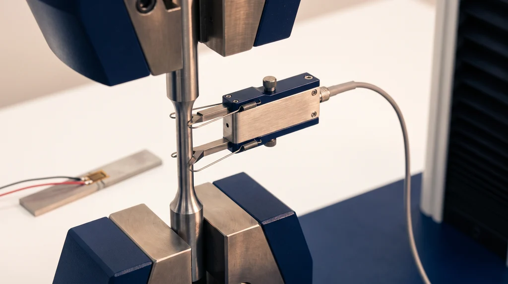Clip-on extensometer held by springs on the reduced section of a round steel test specimen, between the grips of the testing machine; in the background, a plate with a bonded strain gauge and two lead wires