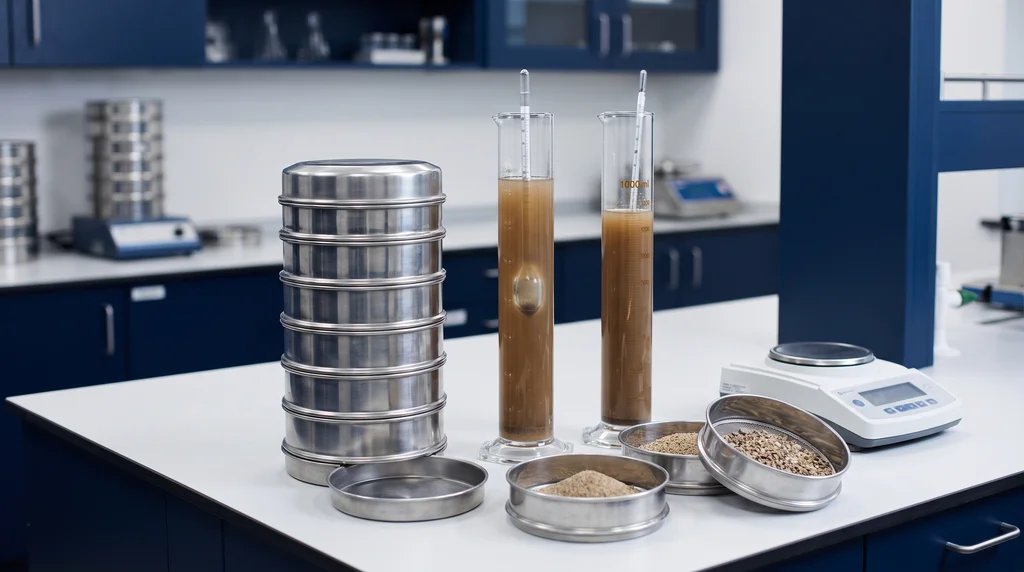 Stacked sieve set with lid, sieves holding retained sand and gravel fractions, two sedimentation cylinders with a hydrometer floating in the soil suspension, and a balance on the lab bench