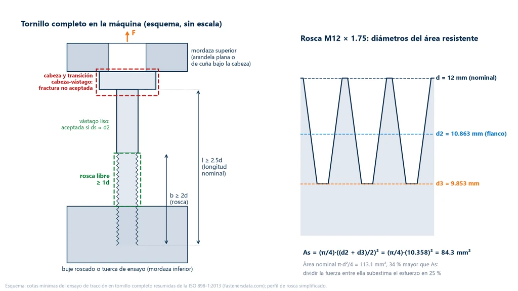 Esquema del tornillo entero montado entre la mordaza superior y un buje roscado, con las cotas l ≥ 2.5d, b ≥ 2d y rosca libre ≥ 1d, la zona donde la fractura se acepta y la zona de la cabeza donde no; al lado, el perfil de la rosca M12 × 1.75 con d, d2 y d3 y el cálculo de As = 84.3 mm²