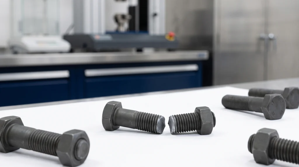 Steel hex bolts on a workbench and, in front, a bolt fractured in the threaded region after the tensile test