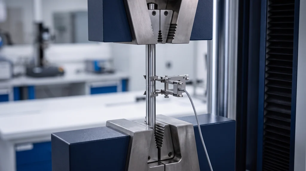 Steel test specimen held in the grips of a universal testing machine, with an extensometer attached to the gauge length to measure strain