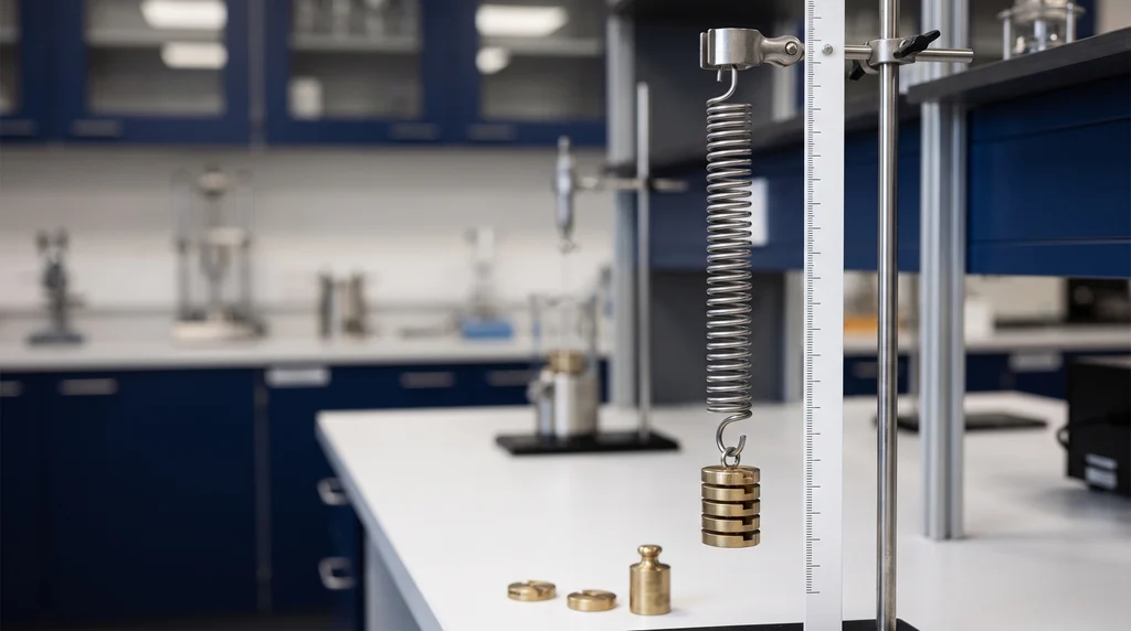 Hooke's law experiment: spring hanging from a laboratory stand with calibrated masses and a scale to measure the extension