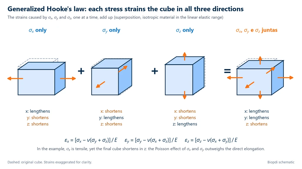 Generalized Hooke's law: superposition of the strains of a cube under σx, σy and σz, with elongation in the direction of each stress and shortening in the other two due to the Poisson effect