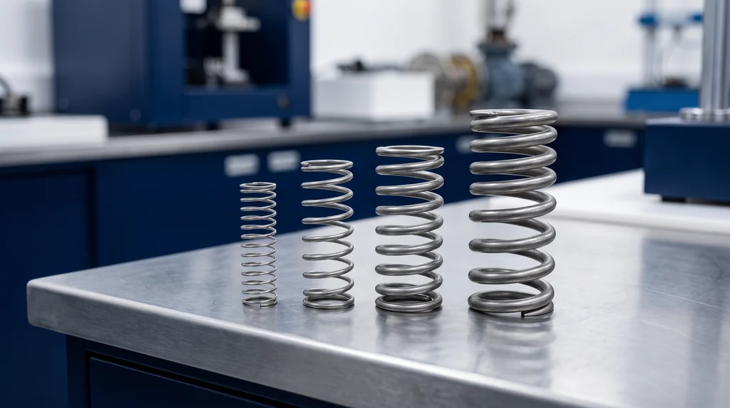 Four steel helical springs with wires of different thicknesses, from the most flexible to the stiffest