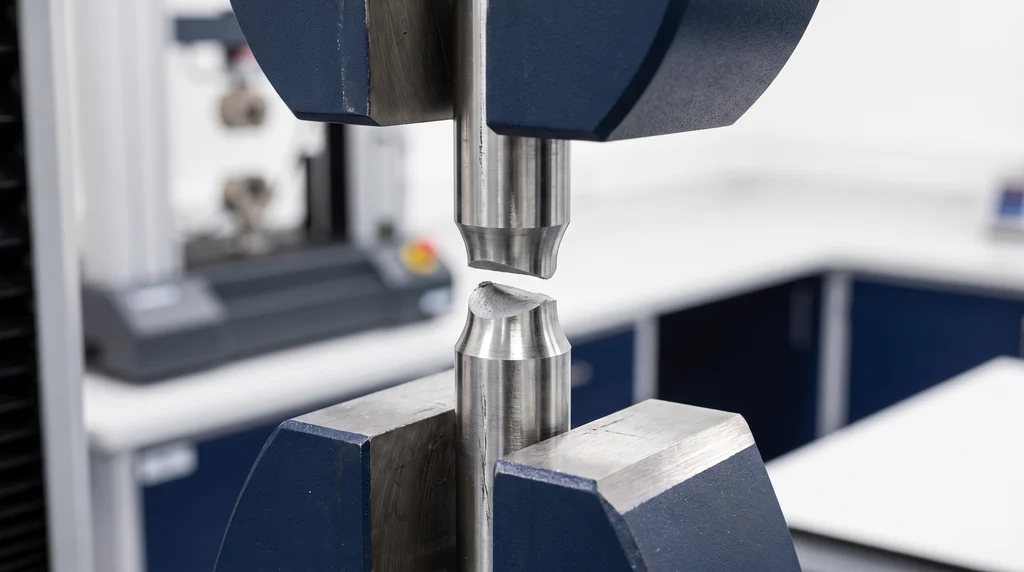 Fractured round steel test specimen between the grips of the testing machine, showing necking and a cup-and-cone fracture