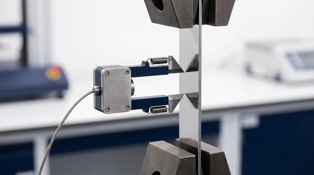 Clip-on extensometer with two knife edges attached to a flat metal test specimen during a tensile test