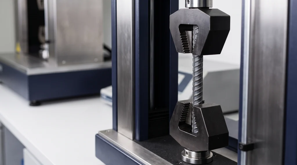 Ribbed steel bar (rebar) held between the wedge grips of a universal testing machine