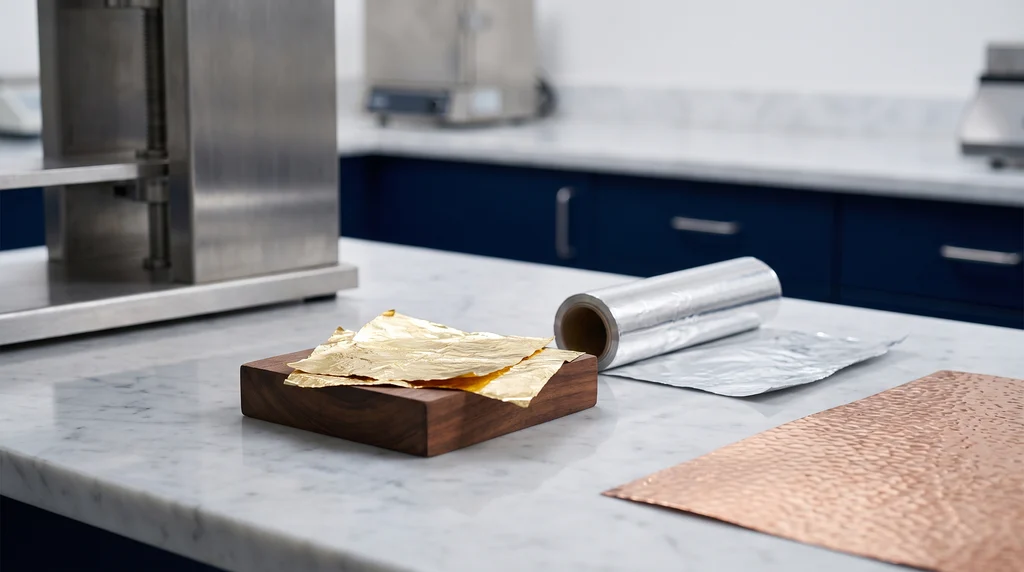 Gold leaf on a wooden block, a roll of aluminum foil and a thin sheet of hammered copper