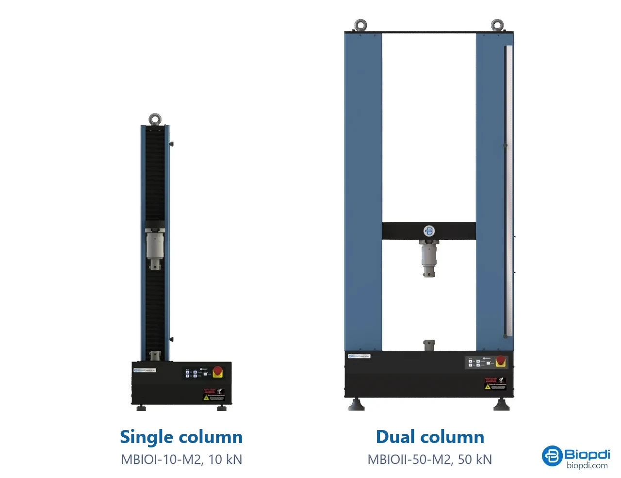 Biopdi M2 universal testing machines, single-column (MBIOI-10-M2, 10 kN) and dual-column (MBIOII-50-M2, 50 kN)