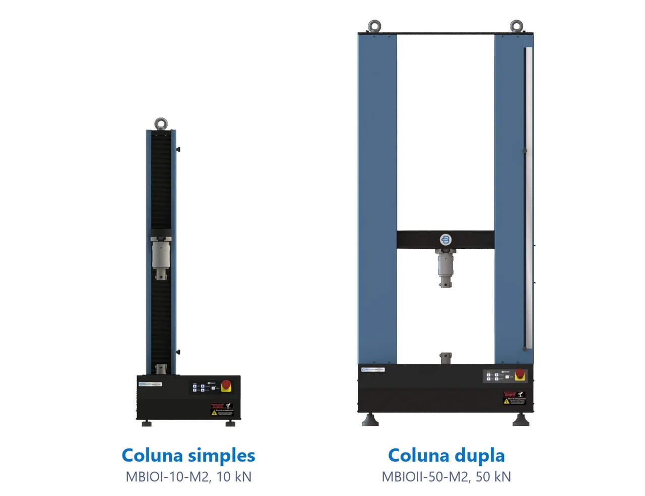 Biopdi M2 universal testing machines, single-column (MBIOI-10-M2, 10 kN) and dual-column (MBIOII-50-M2, 50 kN)