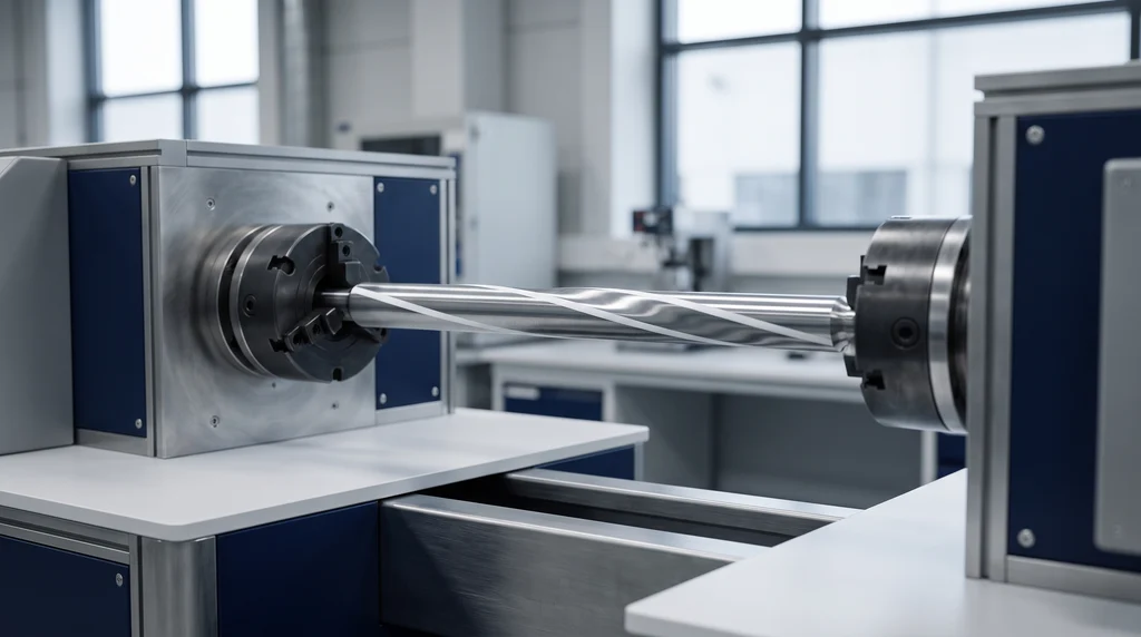 Steel bar held between the chucks of a torsion testing machine, with a line painted along its length that became a helix after twisting