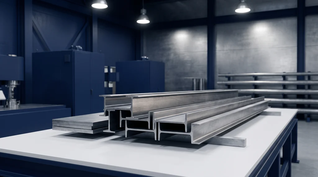 Structural steel I-beams and plates on a workbench in a steel fabrication shop