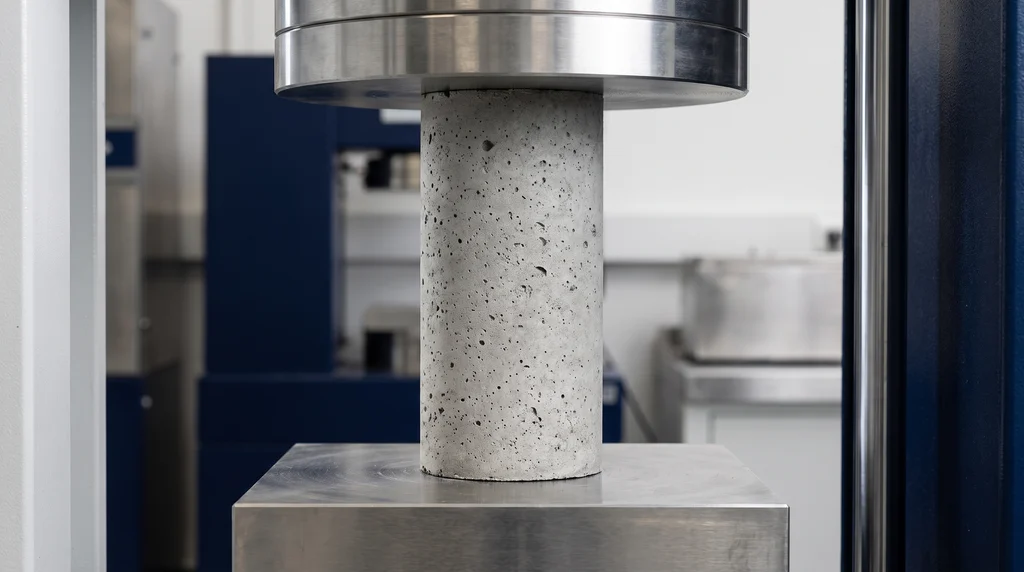 Cylindrical concrete test specimen between the compression platens of a testing machine