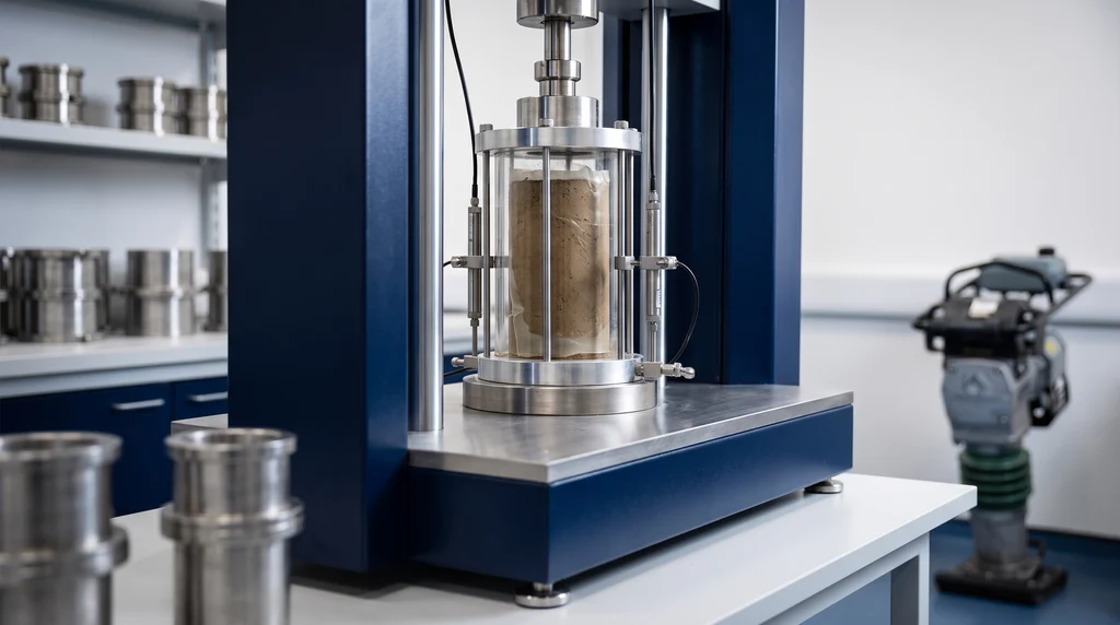 Cylindrical compacted soil specimen encased in a latex membrane inside an acrylic triaxial cell, with two displacement transducers attached to the specimen and the loading piston at the top