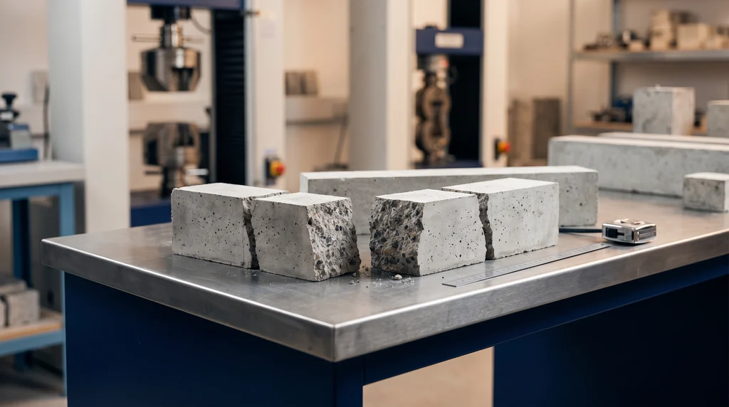 Concrete prisms broken in the flexural test, with the fracture surface and coarse aggregate exposed, next to an intact prism and a ruler on the laboratory bench
