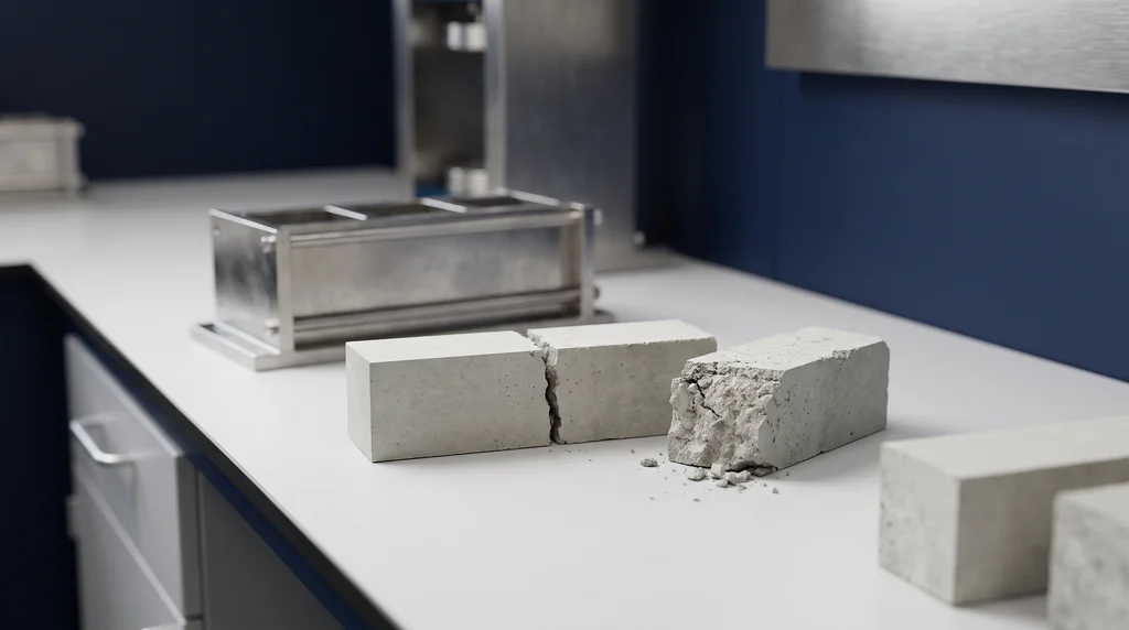 4 x 4 x 16 cm mortar prisms on the bench, one split in half by the flexural test and one half crushed in compression, with the steel mold in the background