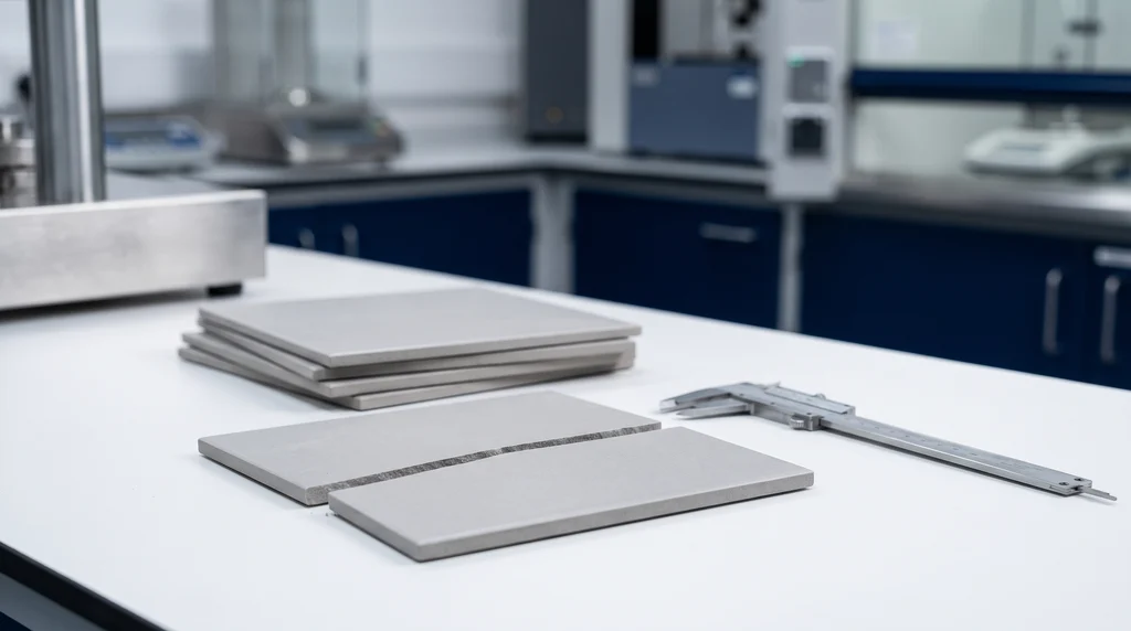 Stack of porcelain tiles and, in front, a tile split into two halves by a straight fracture at the middle, next to a caliper