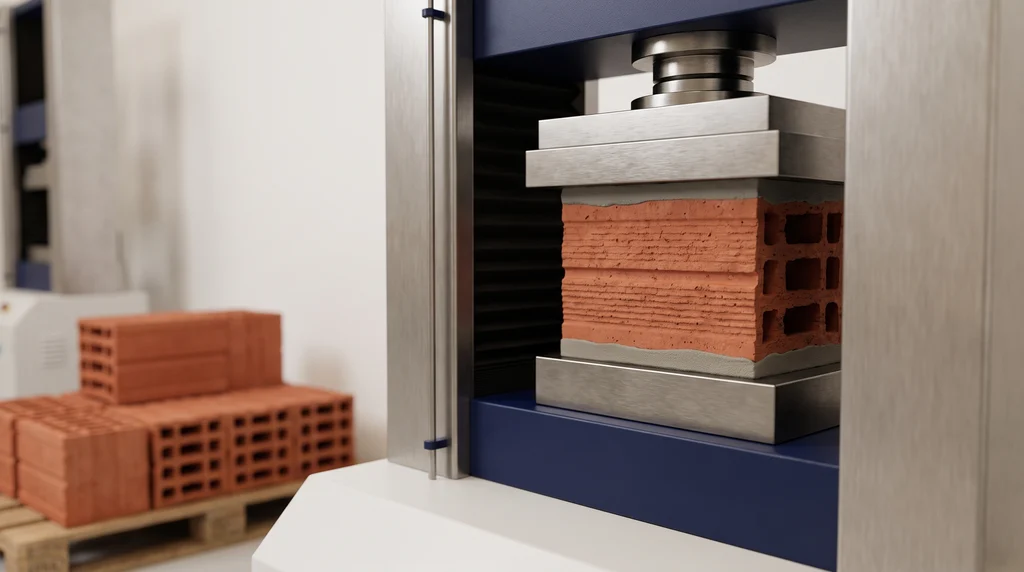 Hollow ceramic block with top and bottom faces capped with mortar, placed between the platens of a compression testing machine, with other blocks stacked on a pallet beside it
