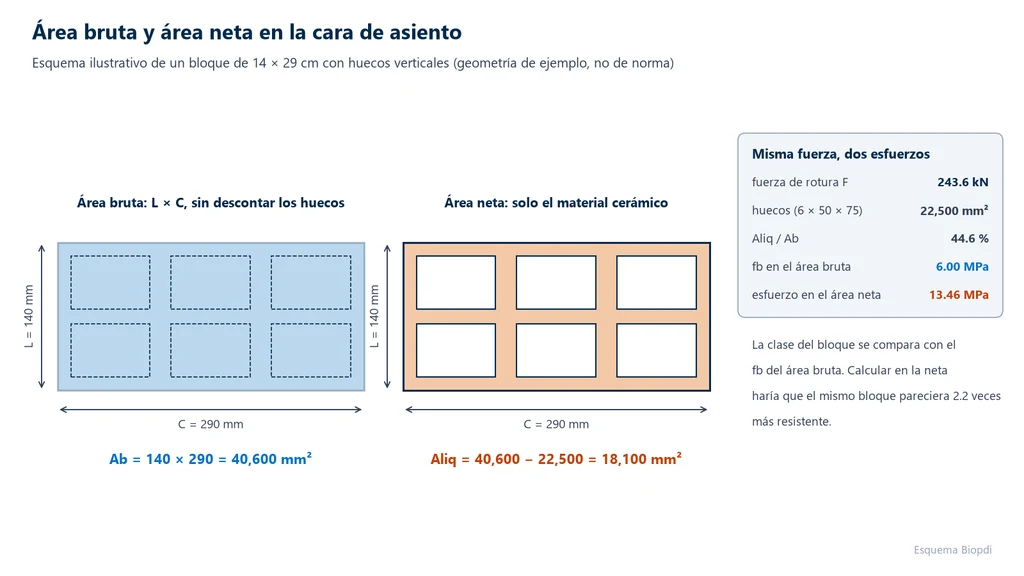 Esquema de la cara de asiento de un bloque cerámico de 140 × 290 mm con seis huecos de 50 × 75 mm: área bruta de 40,600 mm² y área neta de 18,100 mm², con la misma fuerza de 243.6 kN que da 6.00 MPa en el área bruta y 13.46 MPa en el área neta