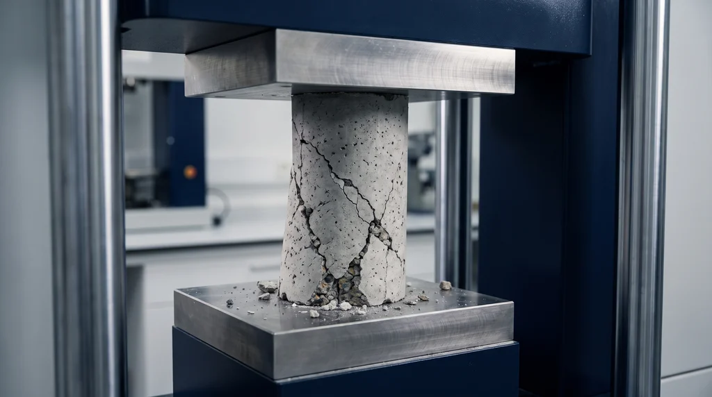 Cylindrical concrete test specimen broken between the platens of a compression testing machine, with diagonal cracks and loose fragments at the bottom