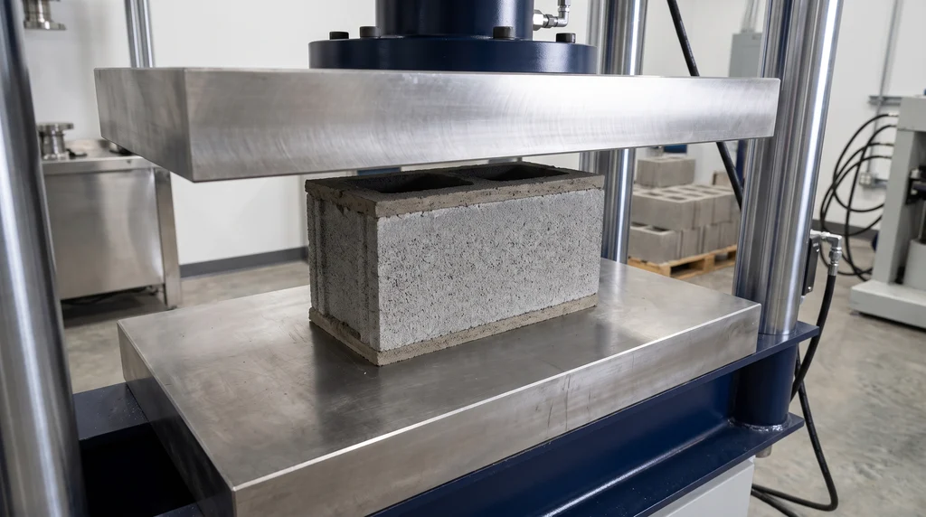 Hollow concrete block in its laying position, with the cells vertical and the bearing faces capped, between the steel platens of a testing press