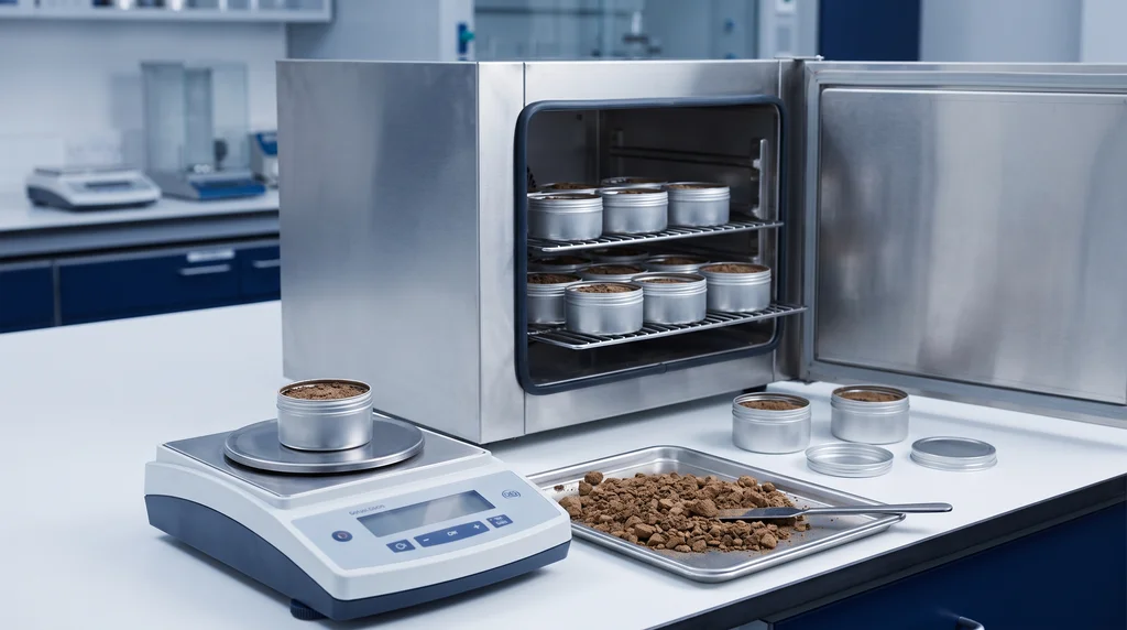 Aluminum moisture cans with soil in a drying oven for moisture content determination, balance weighing a can, and tray with air-dried, disaggregated soil