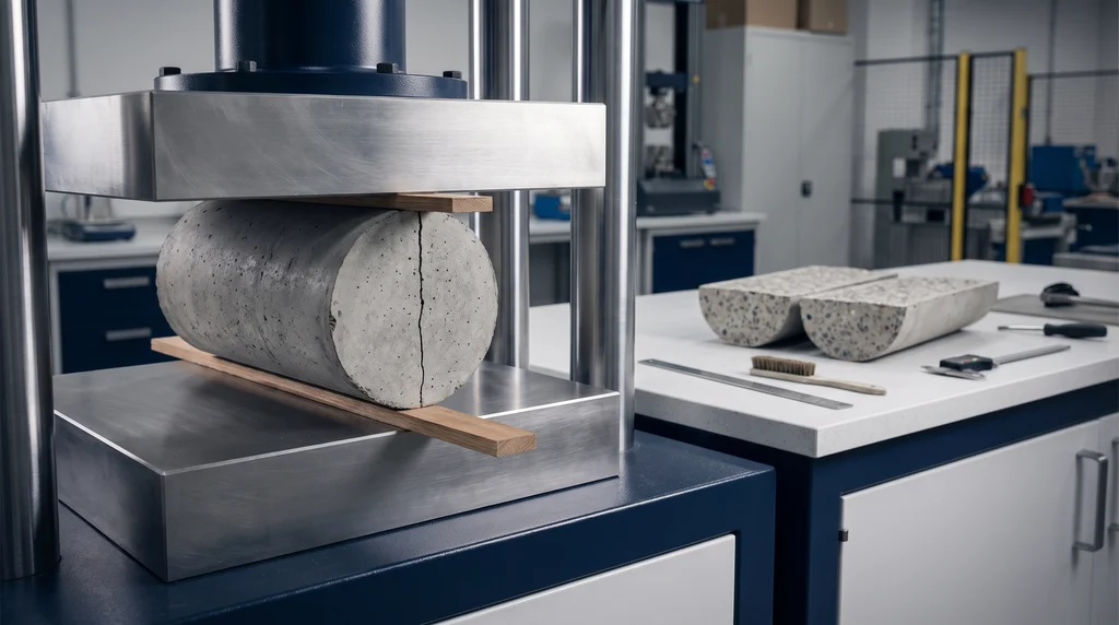 Concrete cylinder lying between the platens of a compression testing machine, with wooden strips along its length at the top and bottom and a vertical crack running through the center of the end face, and a cylinder already split into two halves on the bench