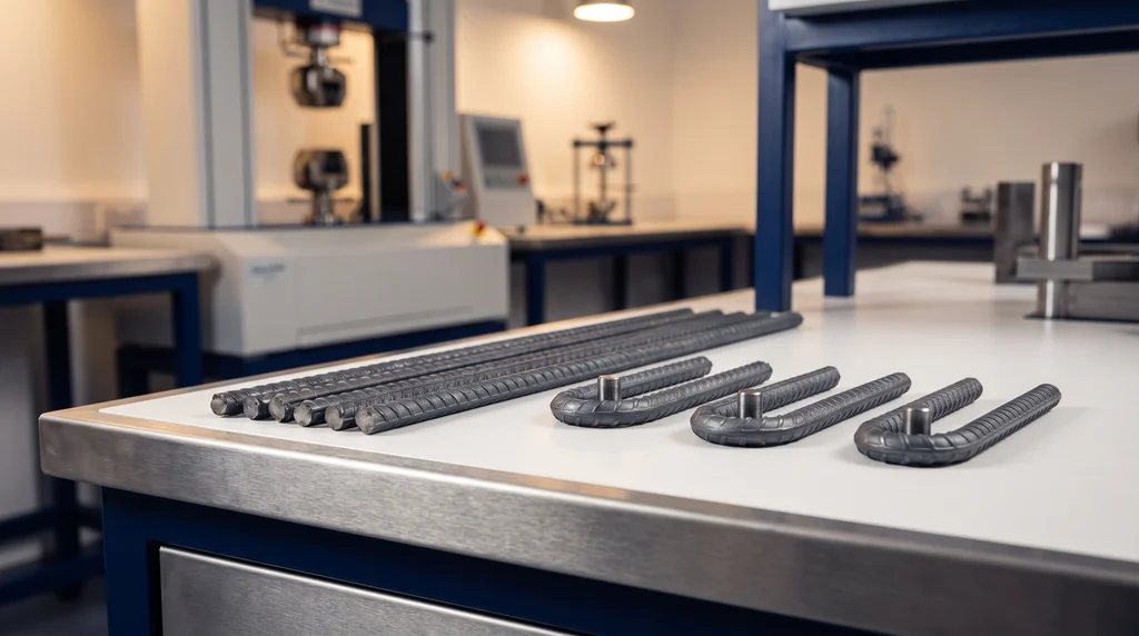 Straight ribbed steel bars next to three test specimens bent 180 degrees around a mandrel, with no cracks at the bend