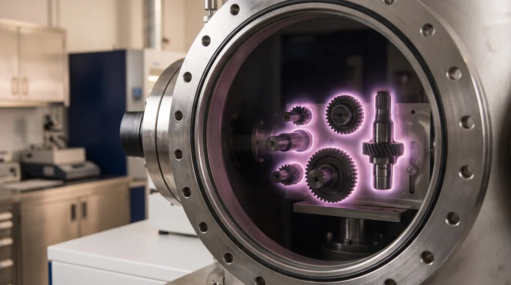 Gears and shafts inside a plasma nitriding chamber, each part surrounded by a violet glow
